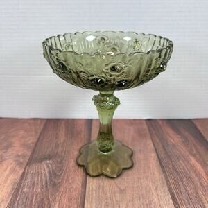 Vintage Fenton Colonial Green Cabbage Rose Compote